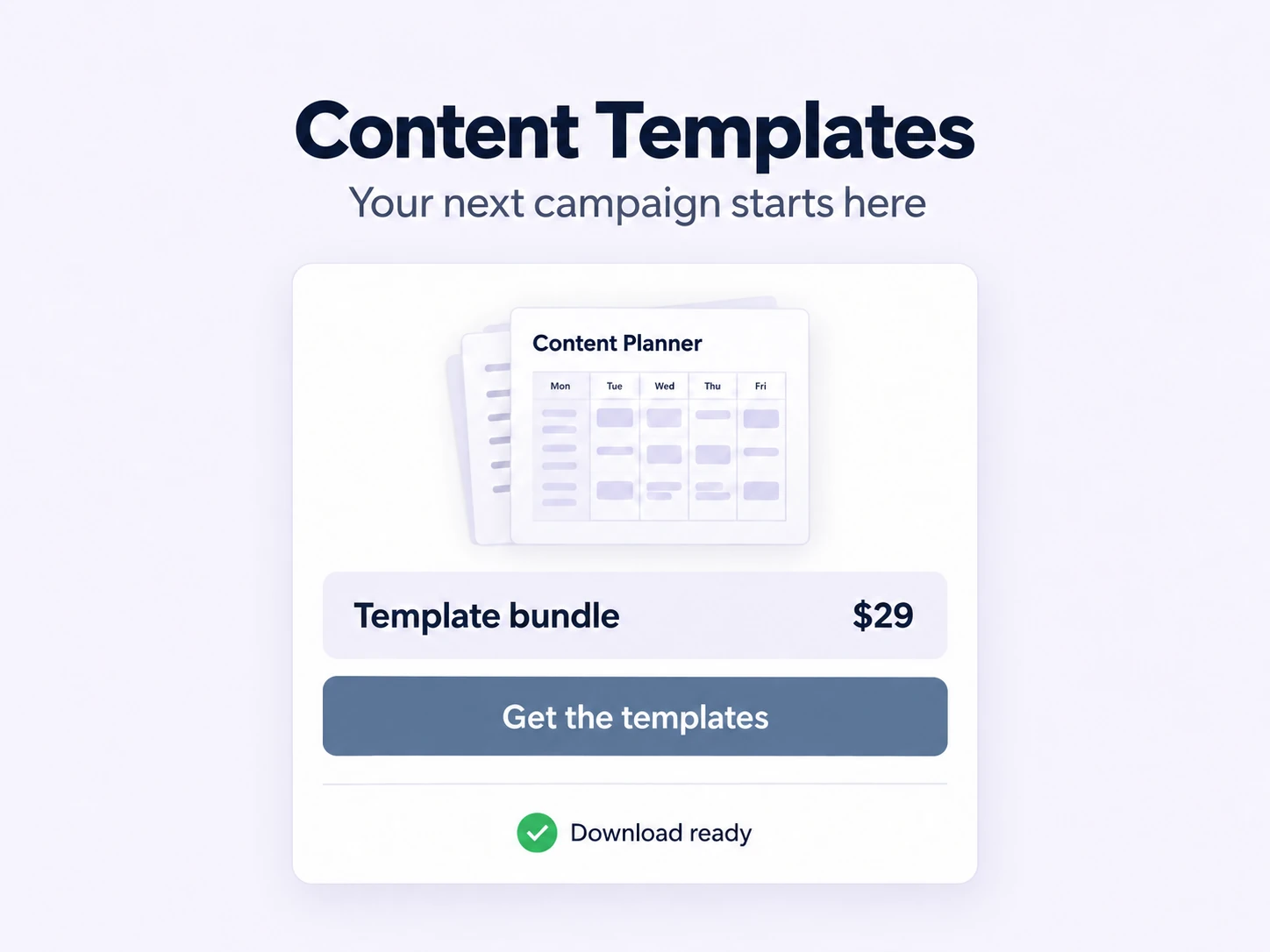 An illustrative Content Templates checkout with a template bundle and download confirmation.
