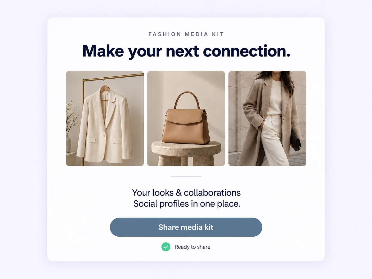 An illustrative fashion media kit showing looks, collaborations, social profiles, and a share button.