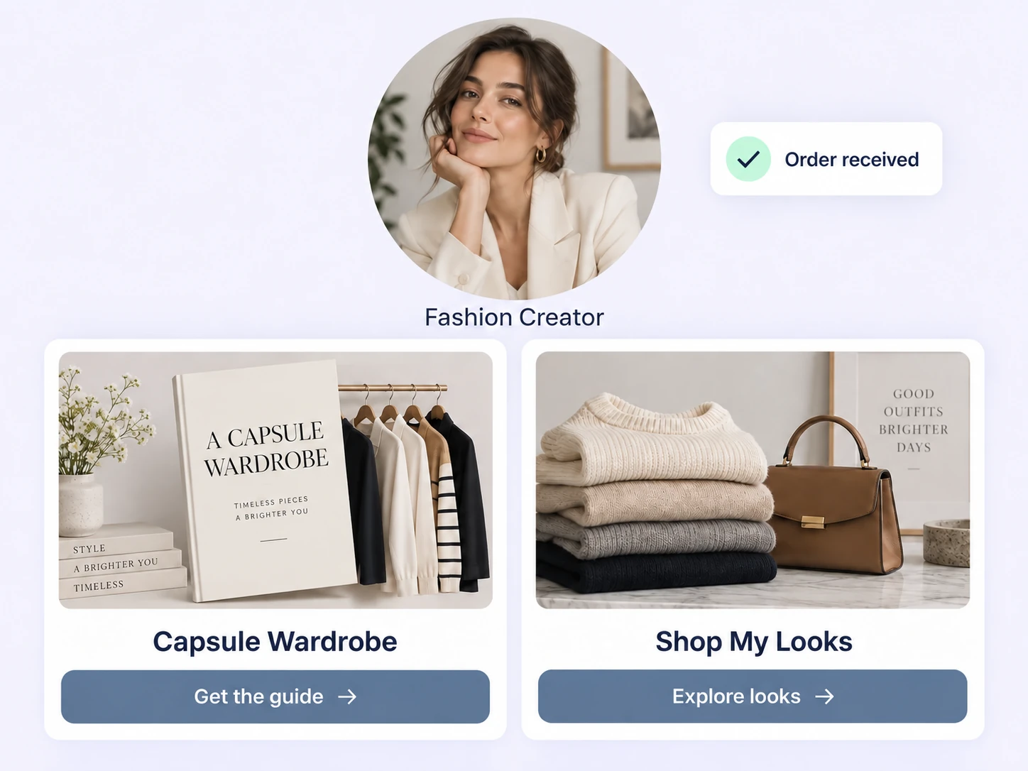 Illustrative fashion creator storefront with a Capsule Wardrobe guide and shoppable looks.