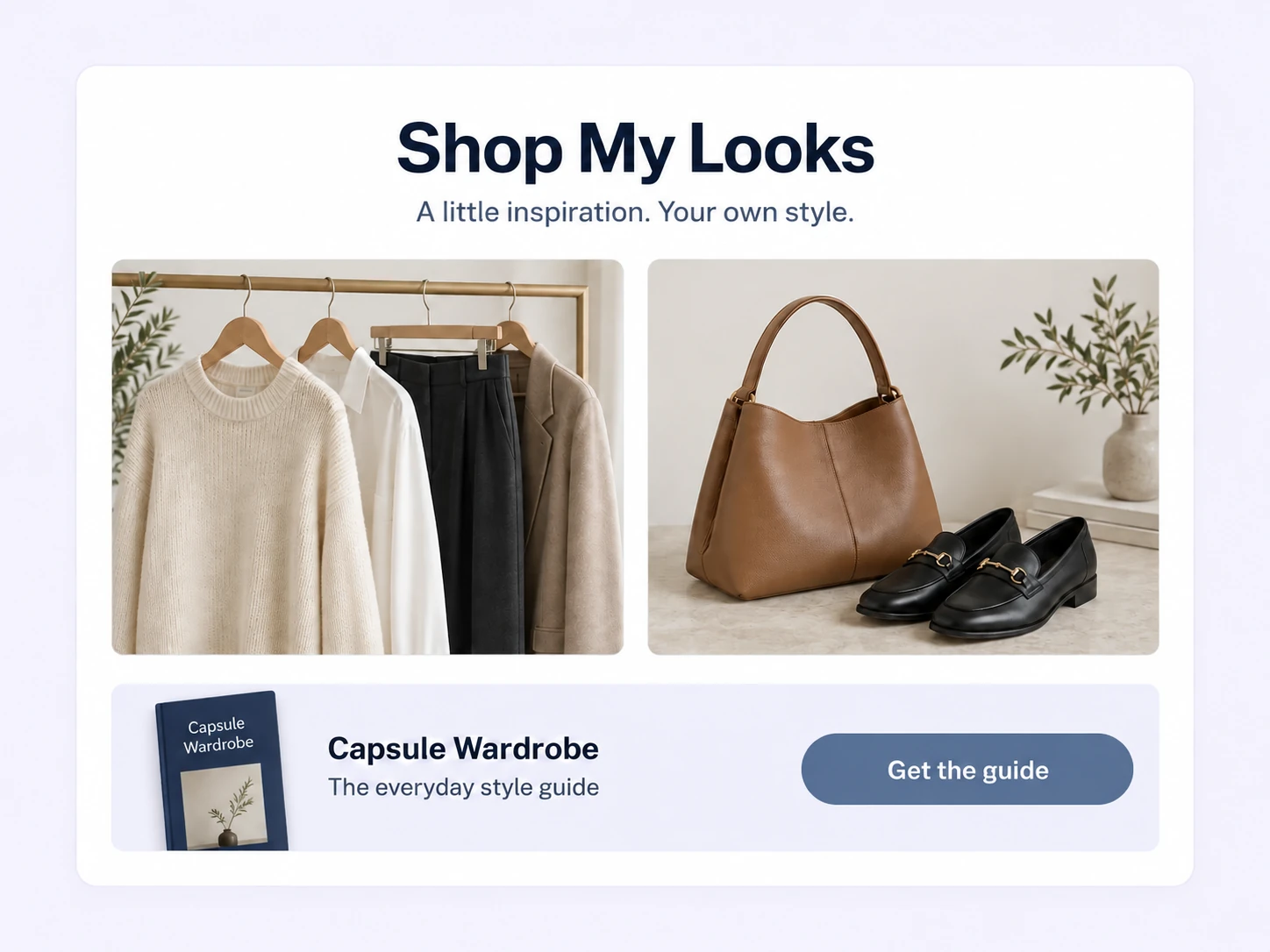 A shoppable fashion collection with neutral outfits, accessories, and a Capsule Wardrobe guide.