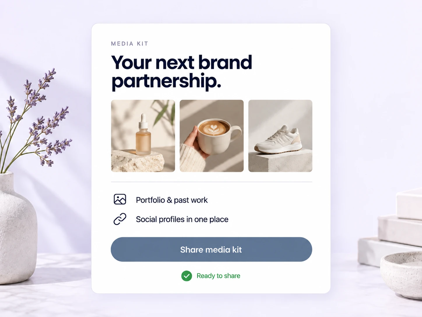 An illustrative UGC media kit with portfolio thumbnails, social profiles, and a share button.