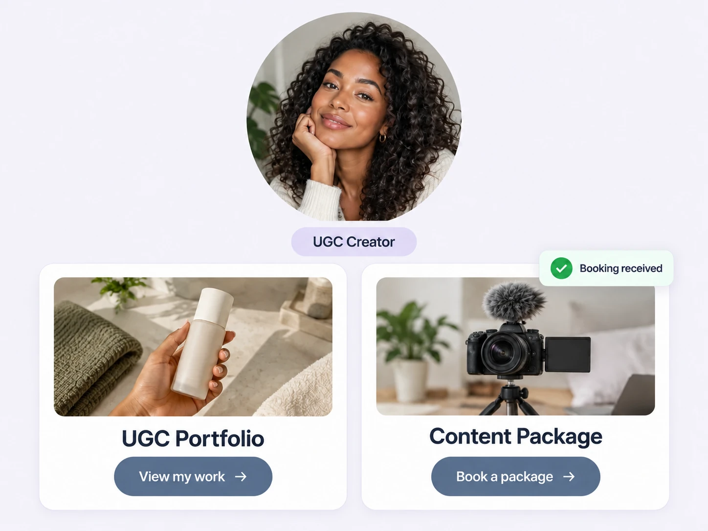 Illustrative UGC creator storefront featuring a portfolio, a content package, and a booking confirmation.