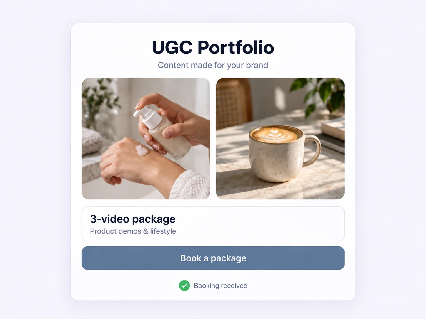 A UGC portfolio with product demo thumbnails and a three-video content package.