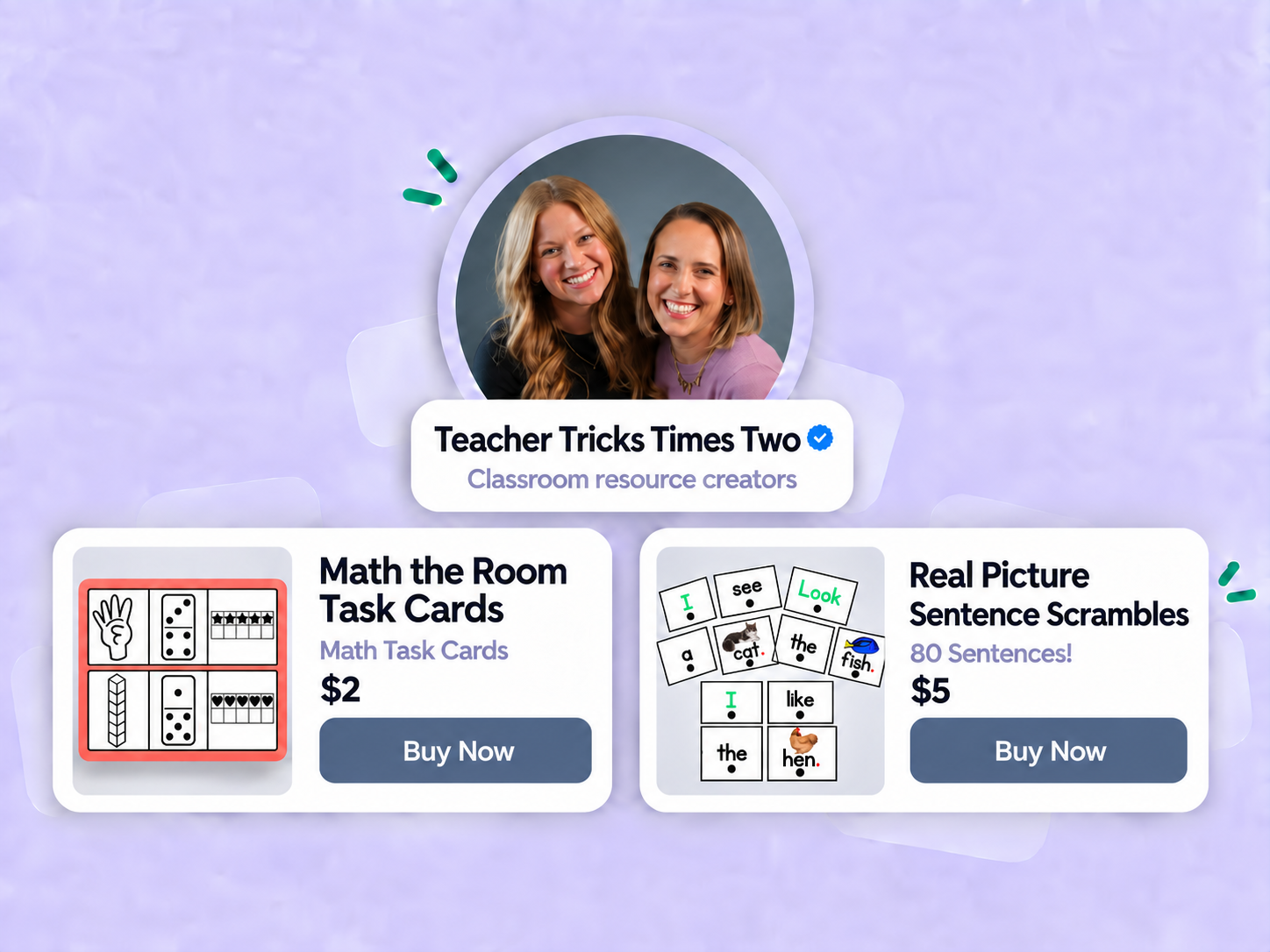Teacher Tricks Times Two with a verified name card above Math the Room Task Cards for $2 and Real Picture Sentence Scrambles for $5, each with a Buy Now button. Illustrative storefront.